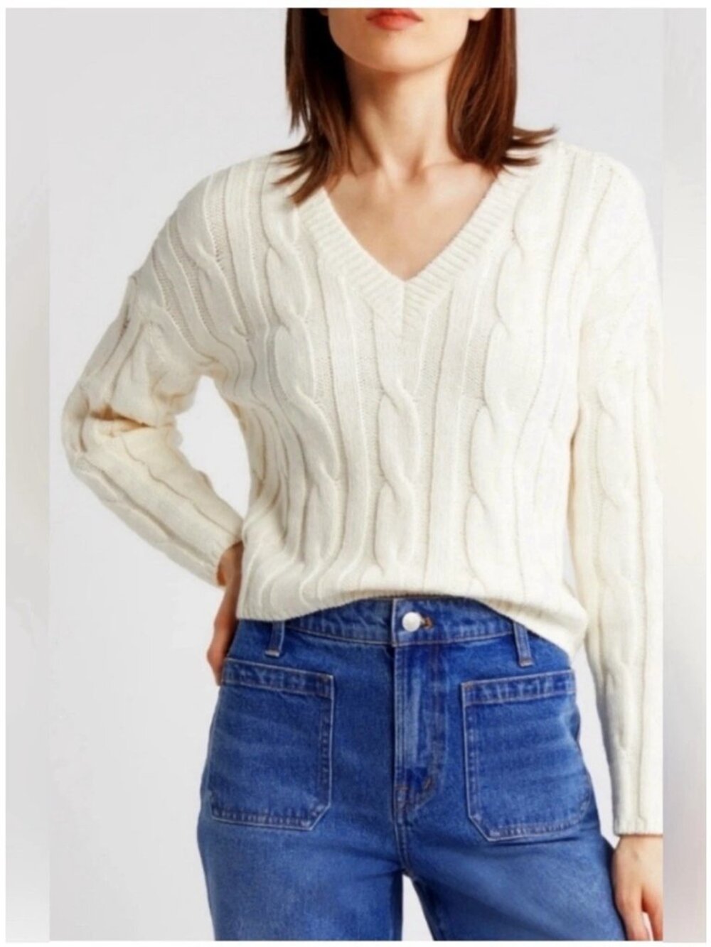 Madewell Classic V-Neck Cable Knit Sweater Antique Cream Cozy Neutral Small
